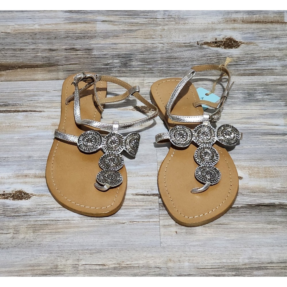 NWT Aspiga‎ Pewter Strappy Ankle Strap Sandals Metallic Embellished Flat 6.5